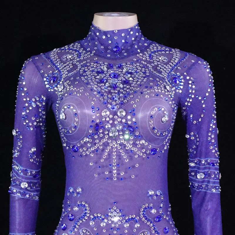 Leotardo brillante con diamantes de imitación para mujer, traje de baile Sexy, traje de noche para fiesta de cumpleaños, ropa de escenario para cantante y bailarina