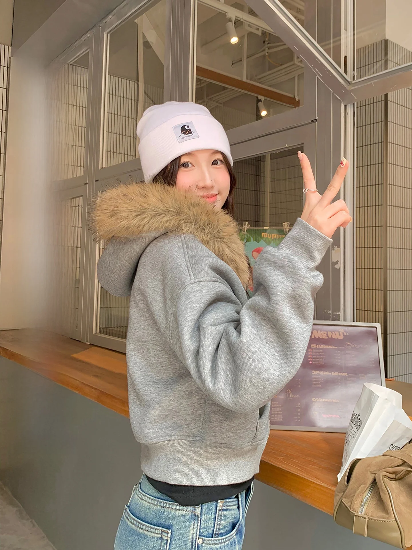 

ay Fce-Lined Hooded Jaet Women's Small Size Slimming ort Versatile Korean Sle Cotton Casual Outerwear with Big Fur...