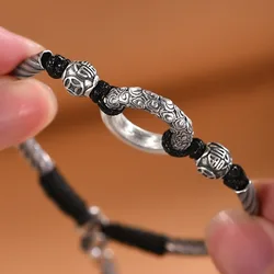 New in silver 925 Auspicious Cloud circular ring bracelet for women Retro Black Braided bangles charms Couple style fine Jewelry