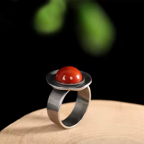 FTCY Vintage Thai Silver Southern Red Ring For Women Ethnic Style Adjustable Finger Ring New Trend Fashion Retro Jewelry Gifts