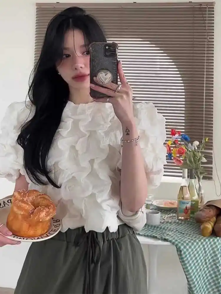 

Clothland Women Sweet Ruffle Blouse White Black Short Sleeve Shirt Cute Casual Fashion Tops Blusa Mujer DA598