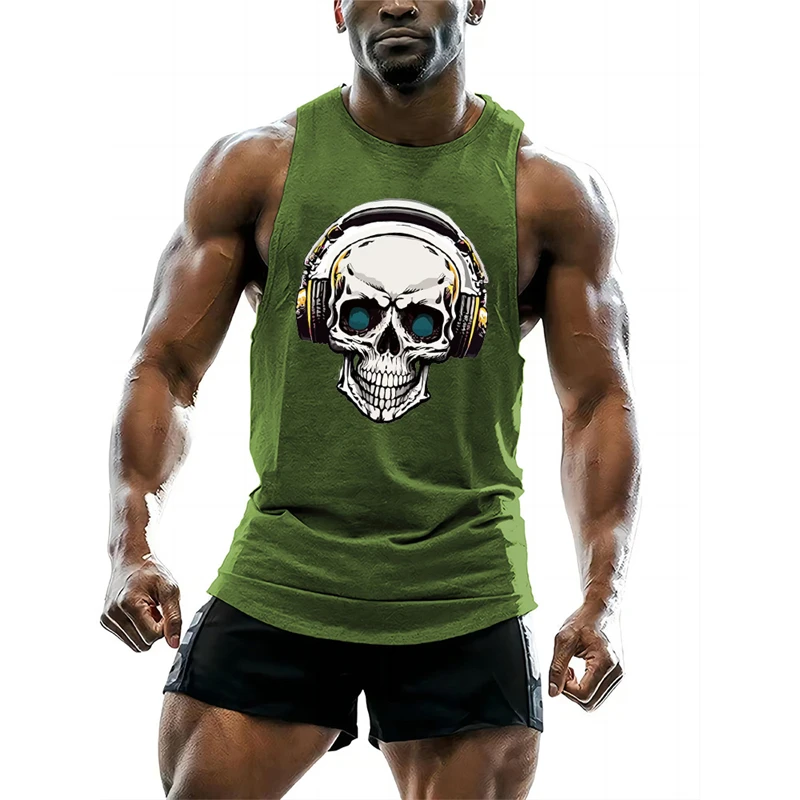 Fashion Skull Headphones Graphic Tank Tops For Men Trend Summer Hip Hop 3D Printed Vest Loose Street Breathable Gym Sports Tops