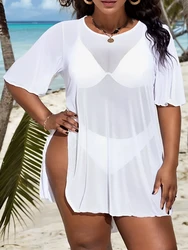 2026 Large Plus Size Solid Beach Cover Up Short Sleeve One Piece Swimsuit Women Swimwear Female Bathing Suit Beachwear Swimming