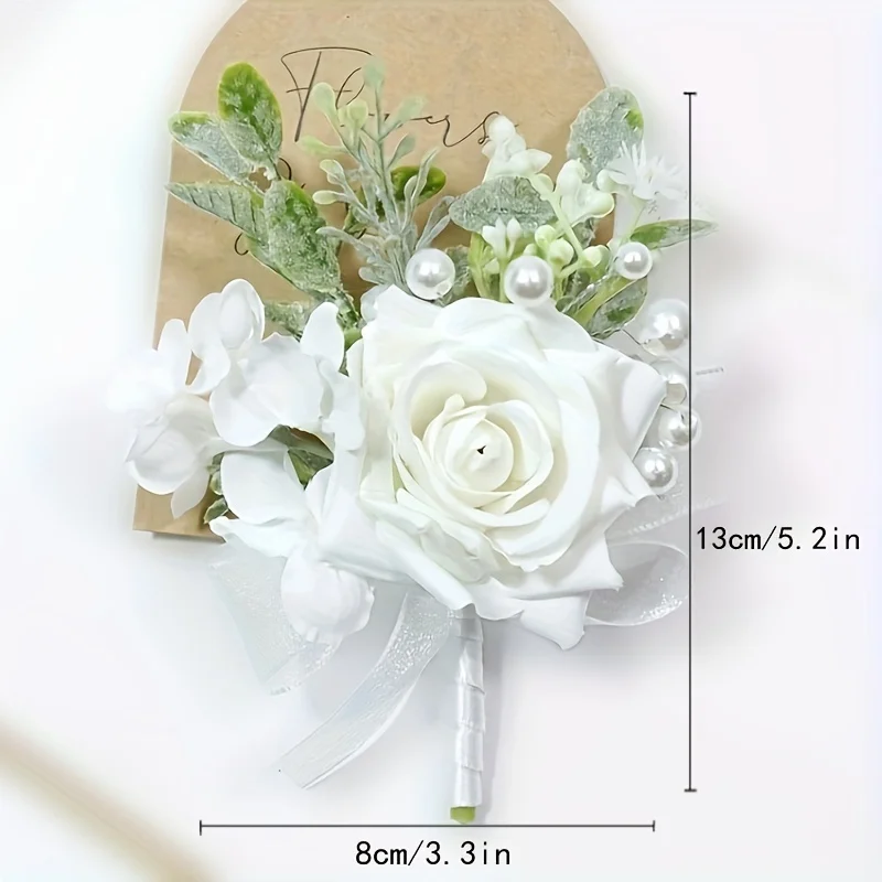 1/2 peças flores artificiais de rosa, corpete branco de simulação, boutonniere, flores falsas de pulso, para decoração de casamento, aniversário, noiva ﻿