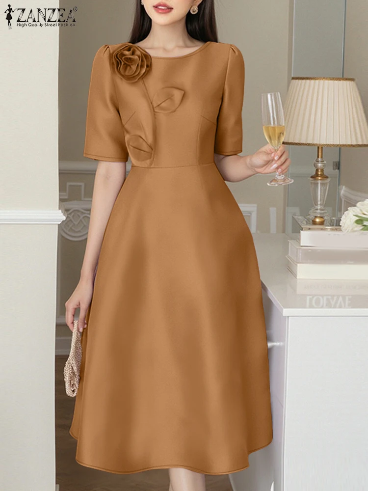 

ZANZEA Elegant Woman Party Dresses Shiny Satin Round Neck Short Sleeve Fabric Flower A-line Robes Femme Fashion Midi Vestidos