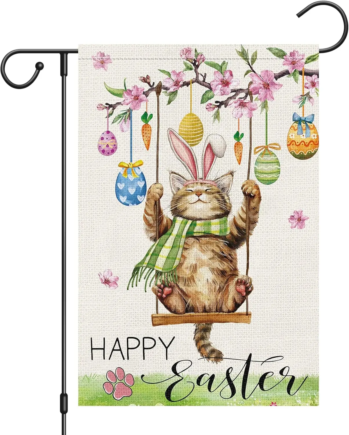 Heyfibro Happy Easter Cute Cat Garden Flag 12x18 Double Sided Burlap, Spring Summer Magnolia Flower Easter Egg Small Yard Ba PPM