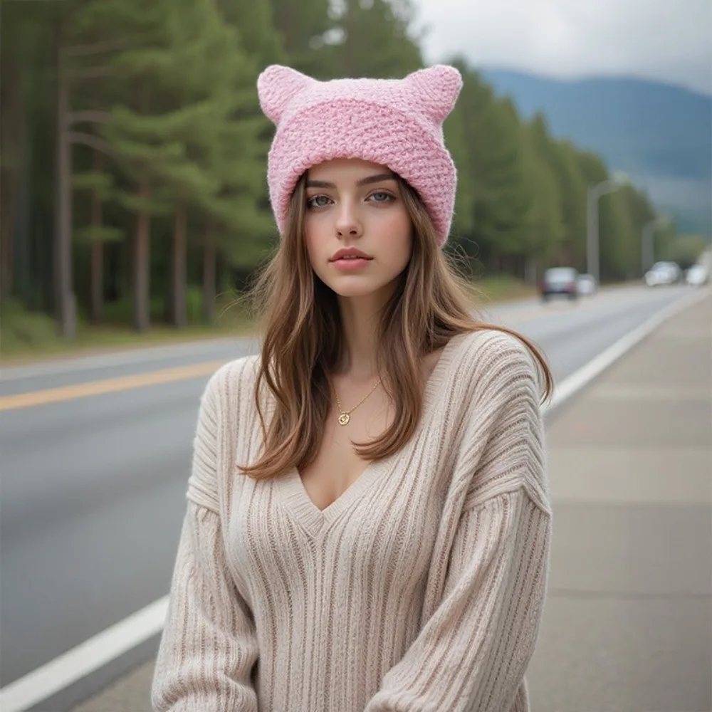 

New Cat Ears Japanese Beanie Hat Striped Casual Knitted Wool Cap Y2K Harajuku Punk Ins Little Devil Skullies Cap Unisex