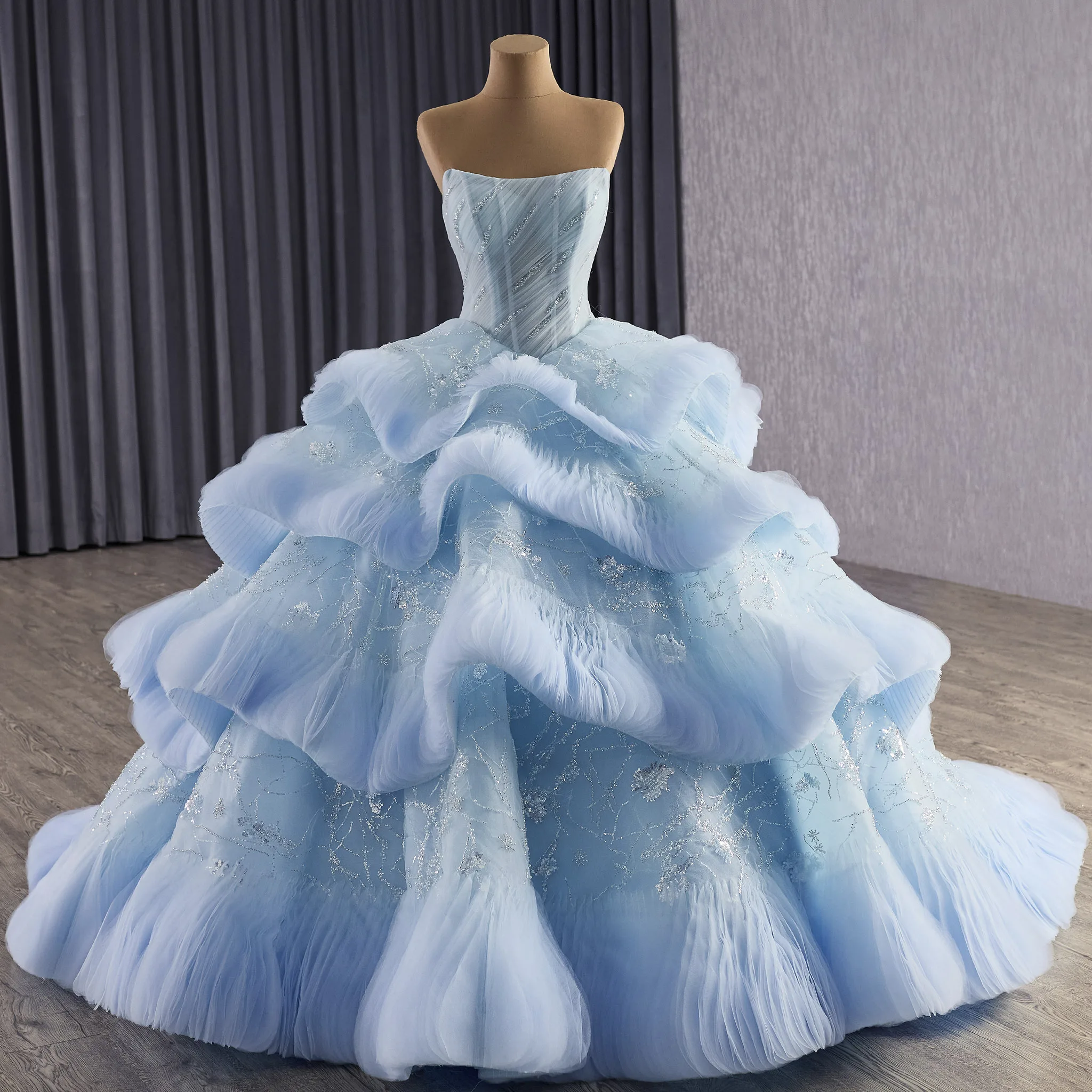 

Rosymae Baby Blue Quinceanera Платье с рюшами Babay Elegant Soirée Vestido De 15 Anos с изогнутым вырезом Прозрачный лиф Баскская талия