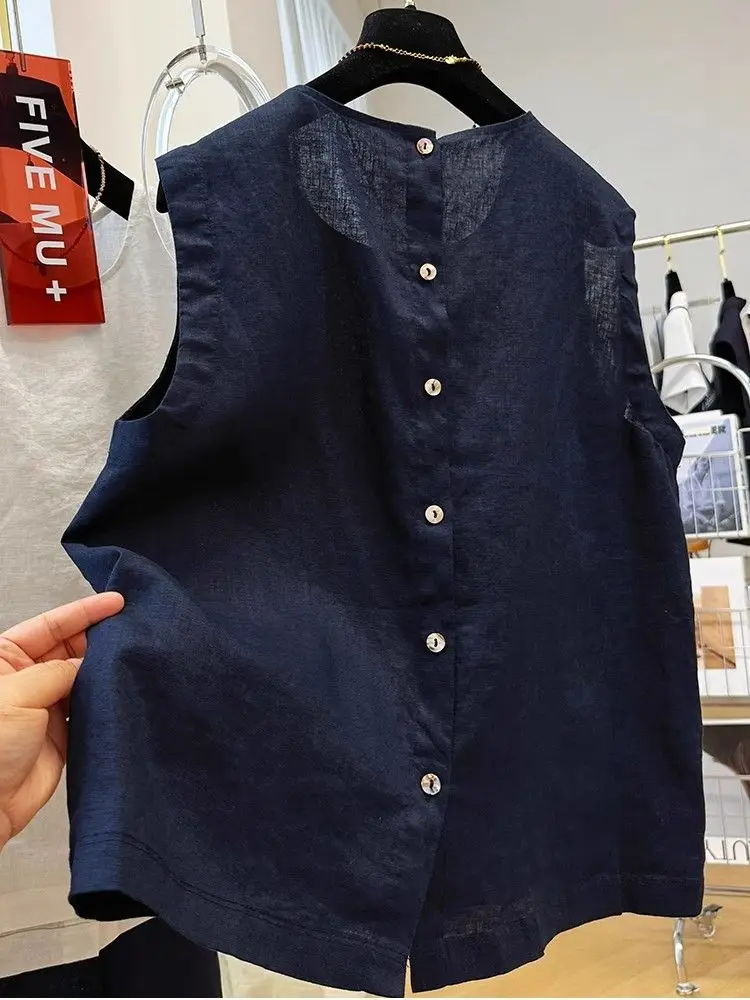 توب نسائي صيفي أنيق بدون أكمام مزين بتصميم عتيق، برقبة مستديرة، رقيق وعصري، مريح وقابل للتنفس