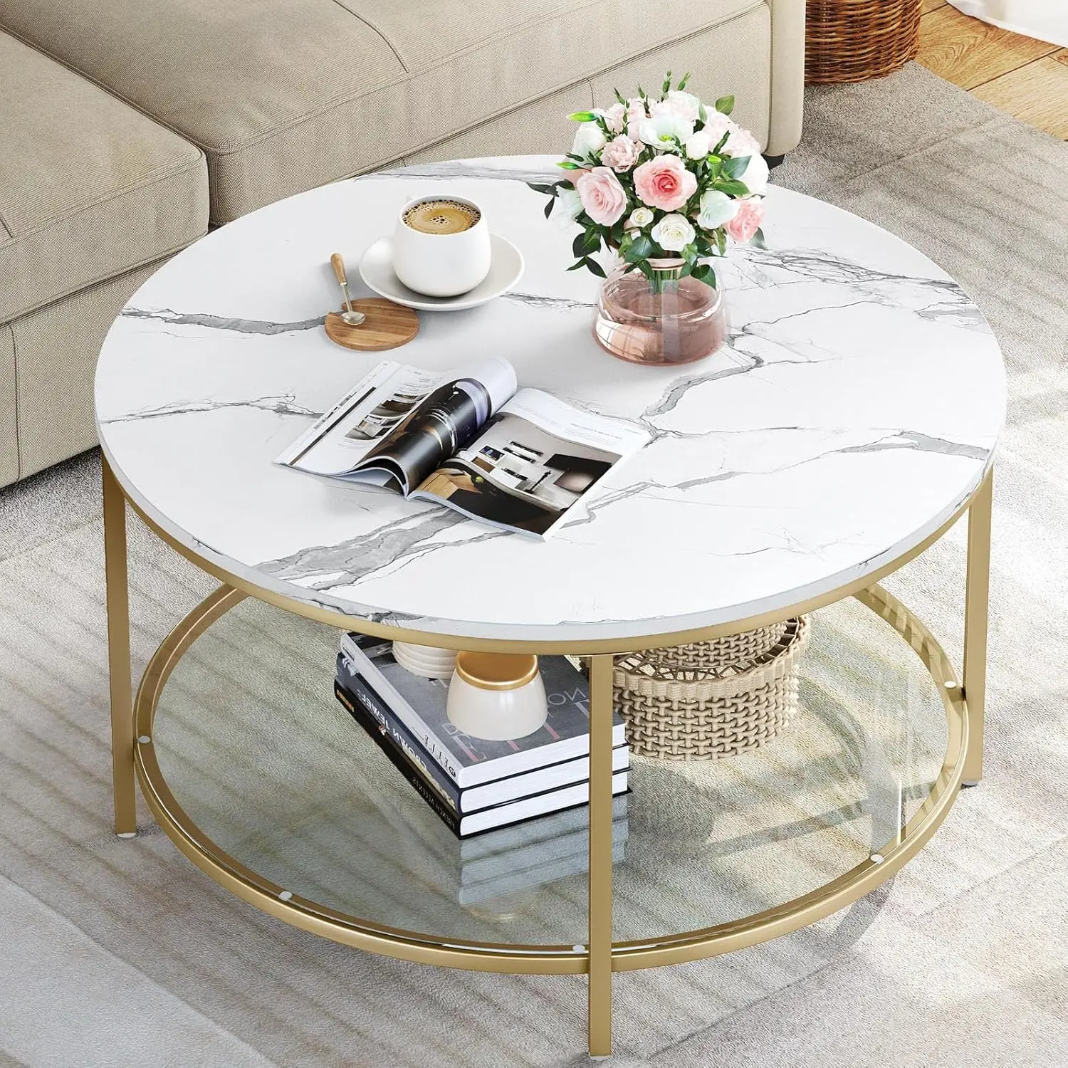 YITAHOME White Marble Round Coffee Table with Glass for Living Room, 2-Tier Circle Coffee Table with Storage Clear Coffee Table,