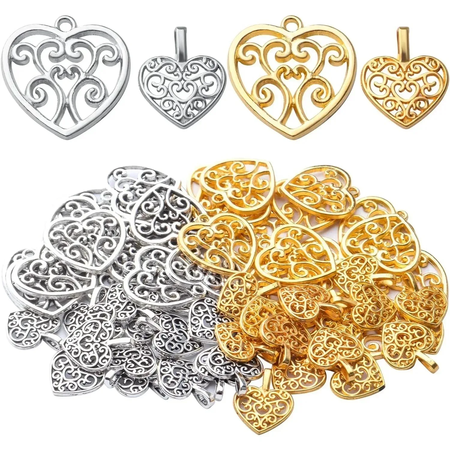 

60pcs Heart Charms Tibetan Alloy Filigree Hollow Heart Love Charm Pendants for DIY Earring Bracelet Jewelry Crafts Making