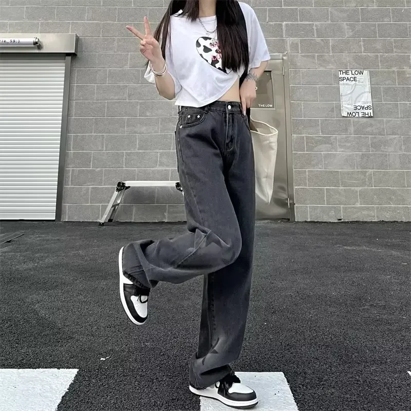 

Джинсы унисекс, женские S-5XL, универсальные мешковатые базовые женские широкие брюки с высокой талией, простой звездный дизайн, колледж Hrajuku Ulzzang