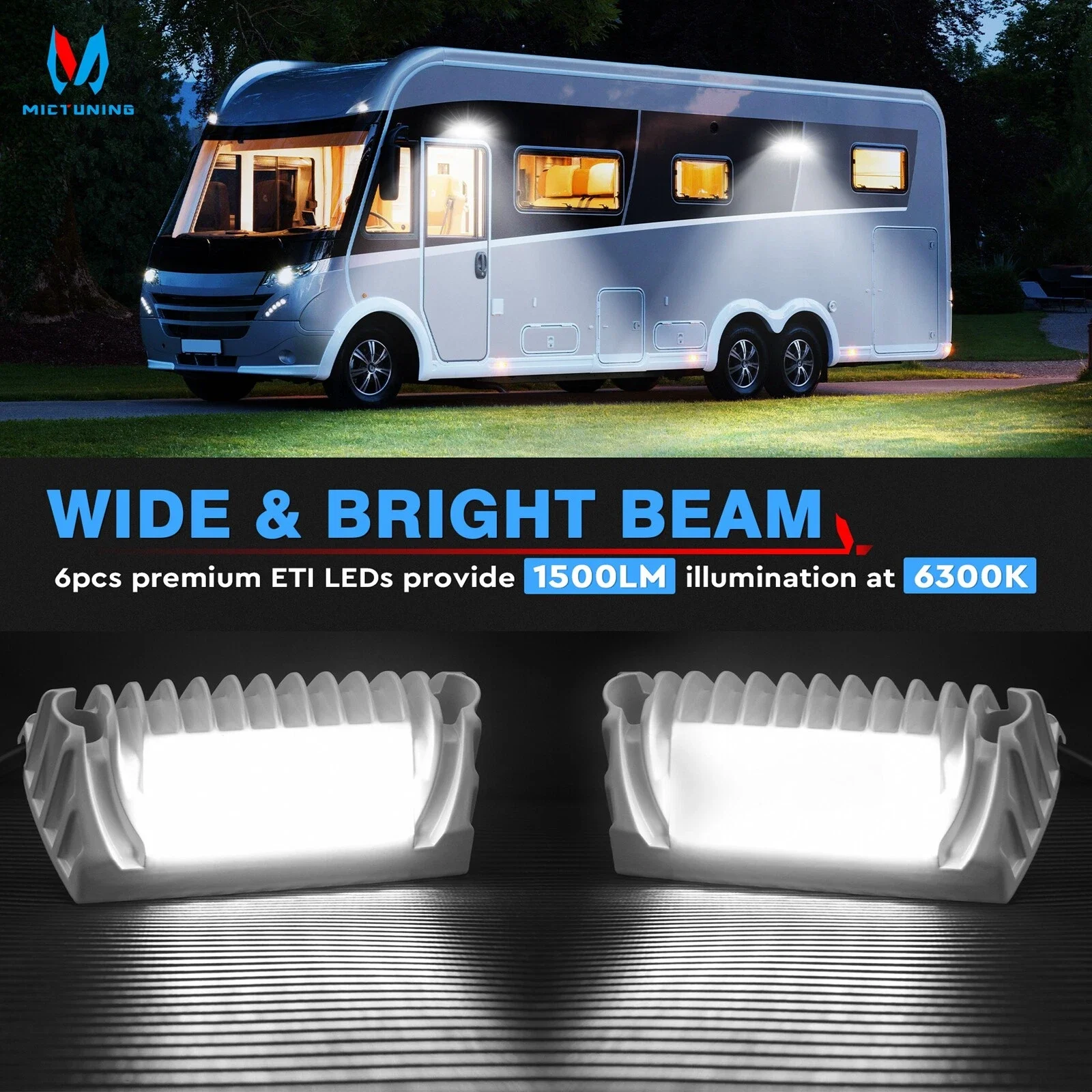 MICTUNING 2Pcs RV Exterior LED Porch Utility Light,12V 1500LM Awning White Lights Outdoor Replacement Lighting for Campers