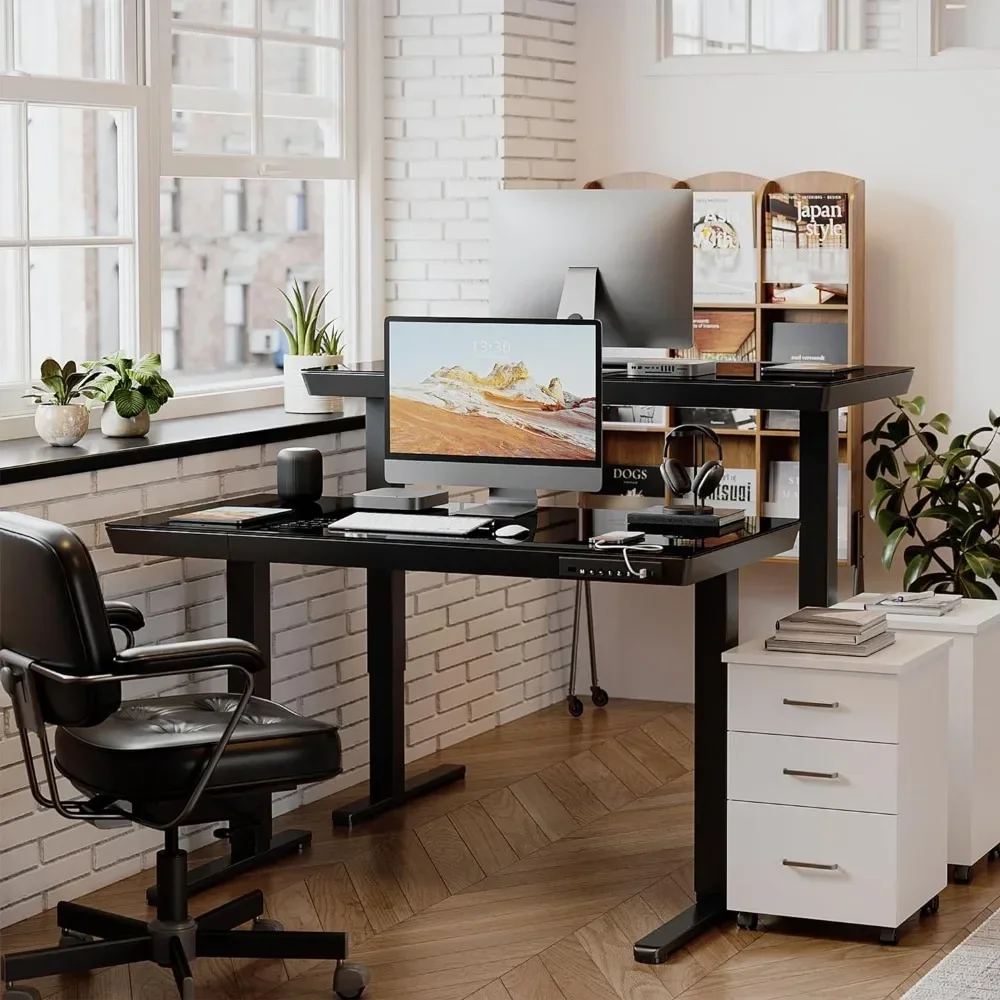 Electric Standing Desk with Drawers, 55 inch Whole-Piece Glass Desktop