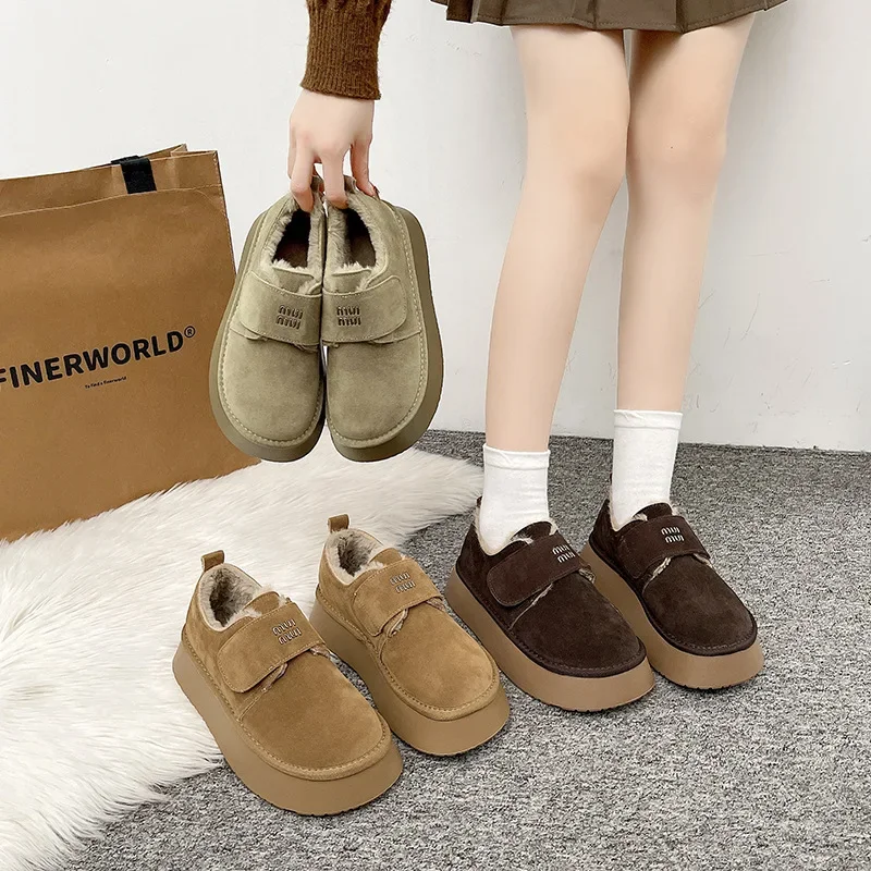 

Winter New Women's Thick Bottom Slip-On Shoes Frosted Leather Warm Fleece Velcro Closure round Toe Korean Style Flat Shoes