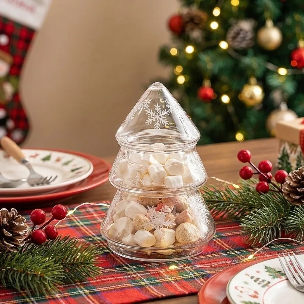 Snowflake Pattern Glass Christmas Tree Jar Large Capacity Transparent Xmas Candy Jar Stylish With Lid Cookie Jar Farmhouse