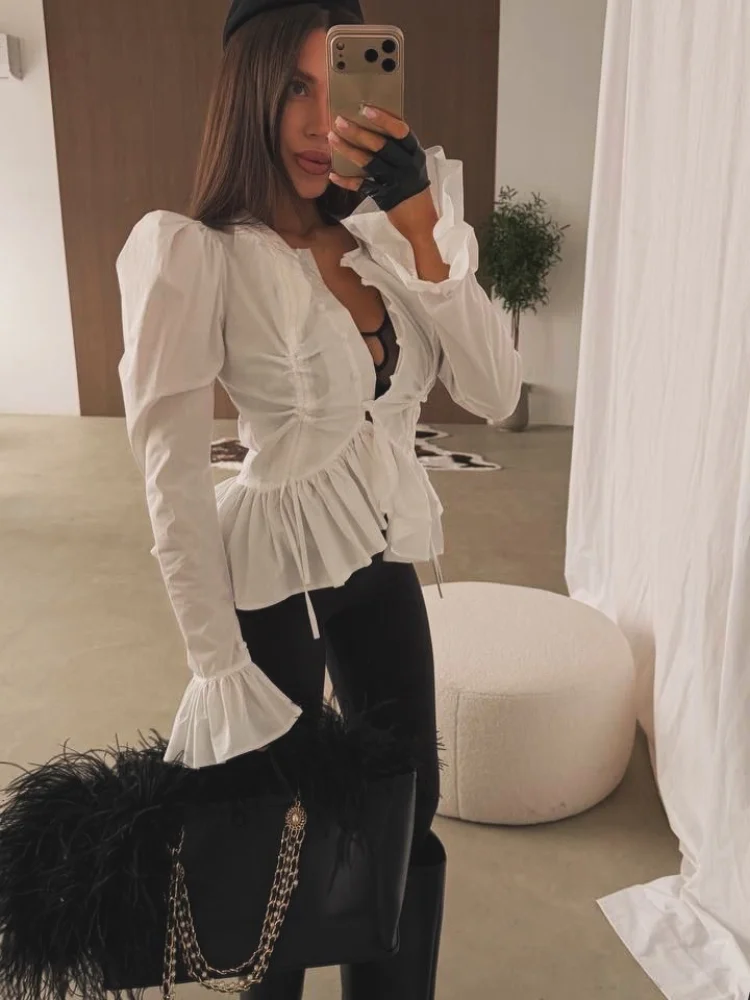 

Flare Sleeve Ruffle Hem Elegant Blouse Women 2026 Spring Summer Vintage Lace up V Neck Top