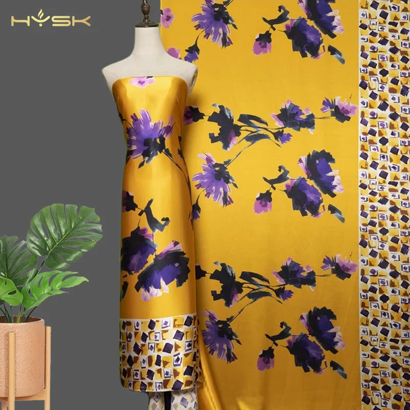 HYSK 100% pure silk satin fabric jungle elegant noble abstract printing natural charmeuse textile price by meter for dress E3265