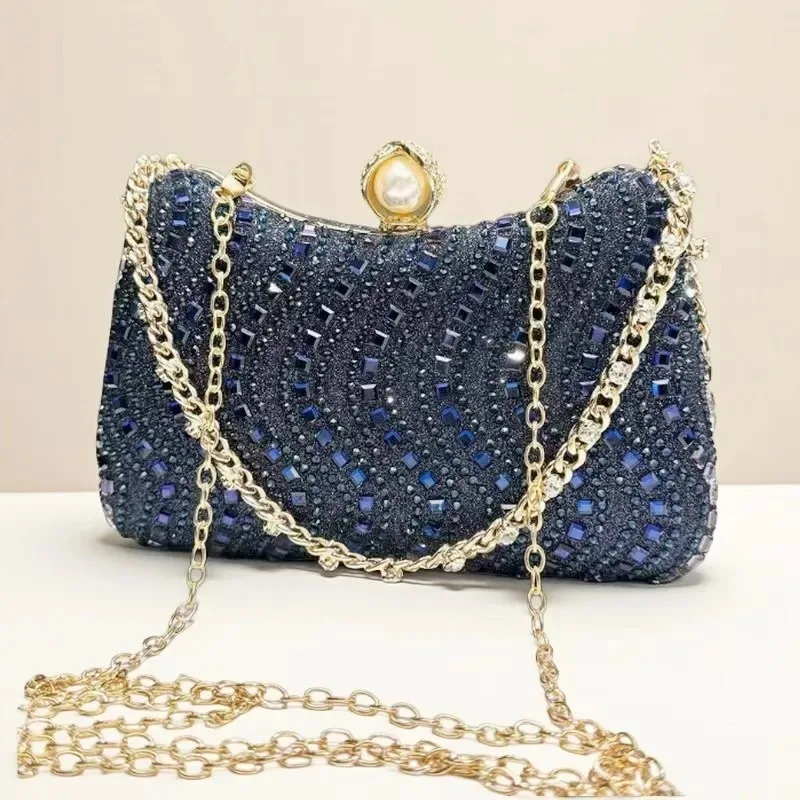 Fine Rhinestone Diamond Inlay Dinner Evening Bag Retro Luxury Gold Silver Blue Small Clutch for Women Wedding Party Shoulder Bag