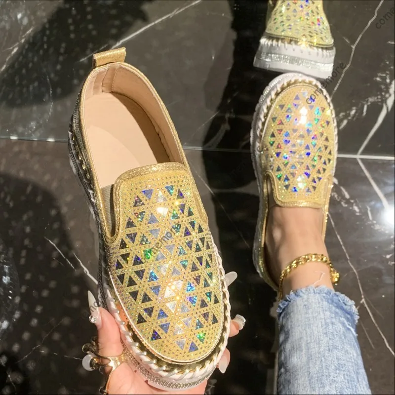 Women's Rhinestone Platform Slip-On Loafers Sparkly Crystal Geometric Embellished Casual Flats Comfortable Fashion Sneakers