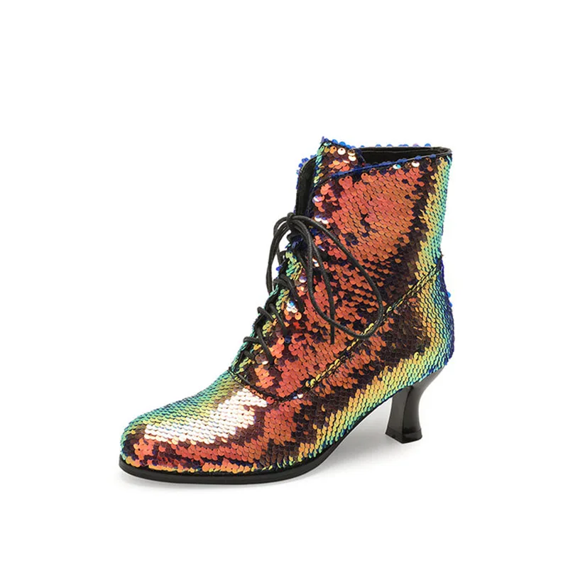 

Bling Sequin Lace-up Ankle Boots For Women 2025 Kitten Heel Shining Shoes Large Size Round Toe Footwear Phoentin FT4227