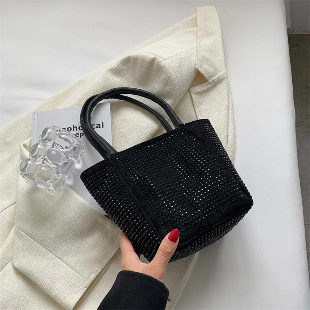 

Elegant Bright Rhinestone Shoulder Bag Classical Large Capacity Sparkling Square Bag Storage Pouch Black Bucket Handbag Daily