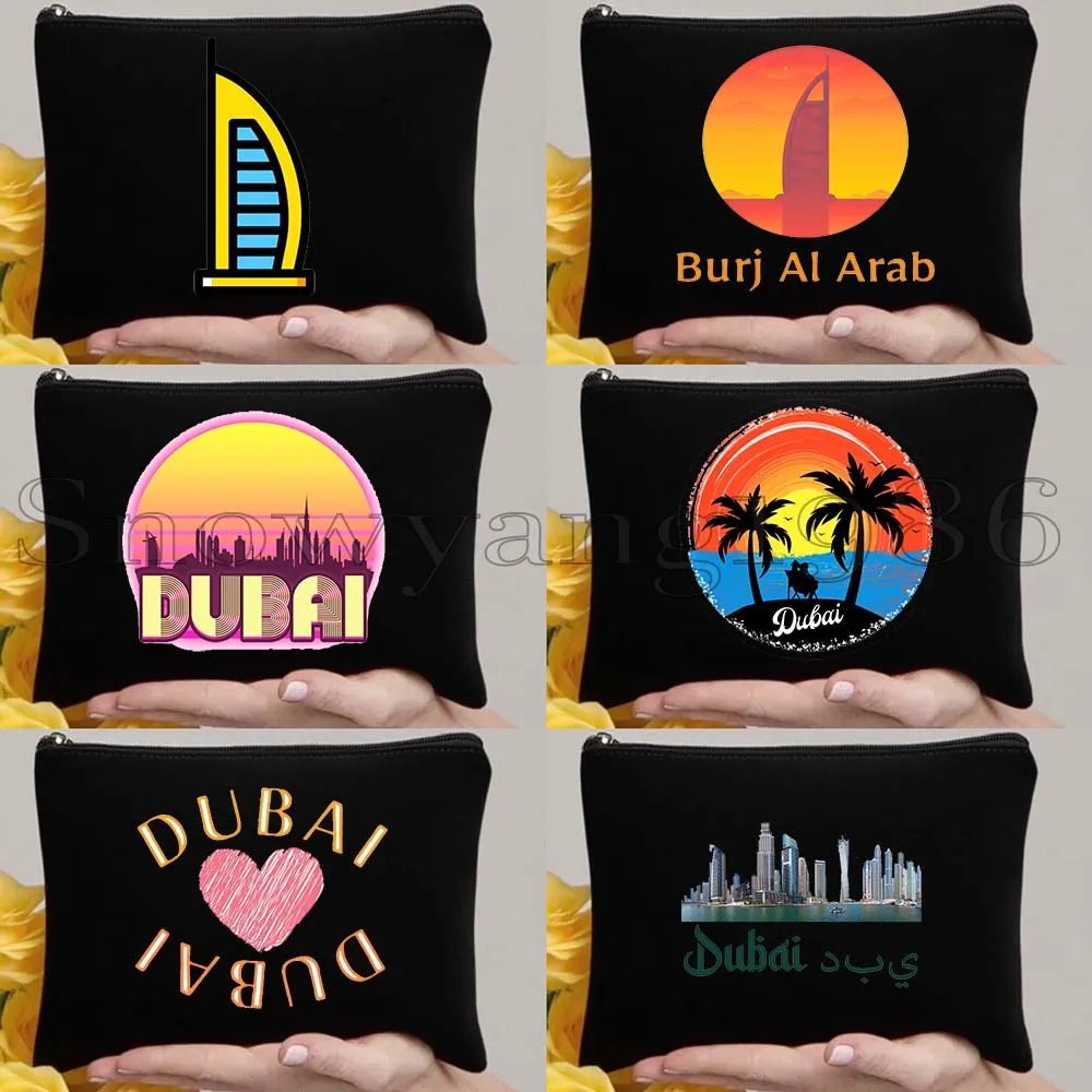 

6pcs UAE Emirati Skyscraper Burj Khalifa Heart Dubai Skyline United Arab Emirates Sunset Canvas Cosmetic Makeup Bag Case Pouch