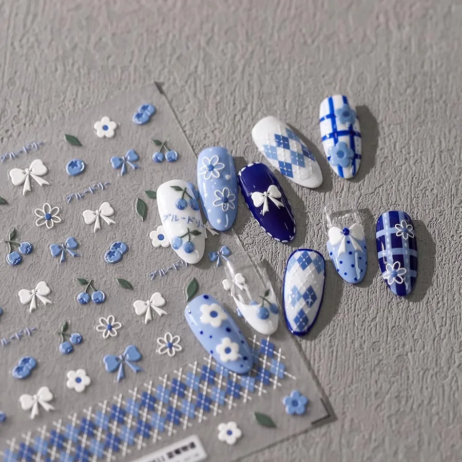 Blaubeer-Nagelaufkleber, Blumen, blau, weiß, Schleife, Nagelzubehör, Ringge, freier Stil, Schnittaufkleber, Maniküre-Dekoration