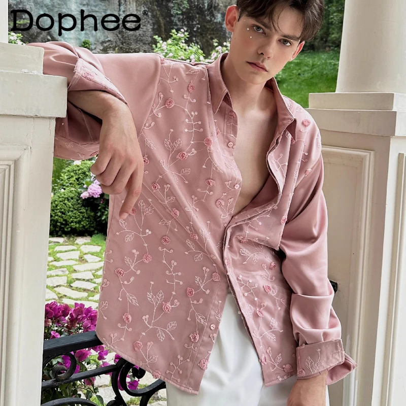 

Men's 2025 Autumn New Fashion Versatile Loose Tops Pleated Long Sleeve Shirts Handsome 3D Floral Design Elegant Stylish Shirts