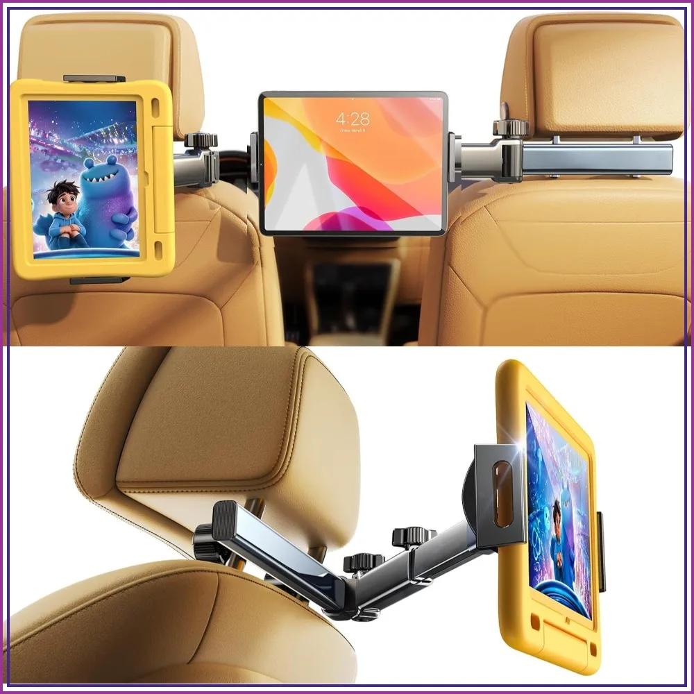 Car Tablet Mount for Back Seat, Road Trip Essentials, iPad Holder for Kids, 4-Axis 360 Adjustable, Sturdy & Safe, Easy Install, Fits Most Headrests