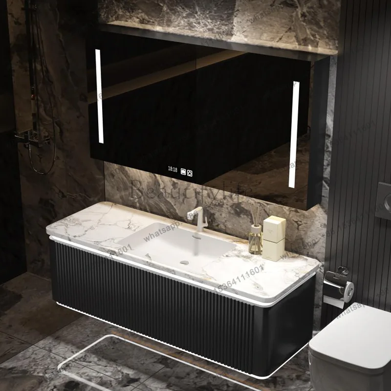 LDIntelligence Slate Bathroom Cabinet Ceramic Seamless Integrated Basin Washstand Oak Wash Combination Double Basin