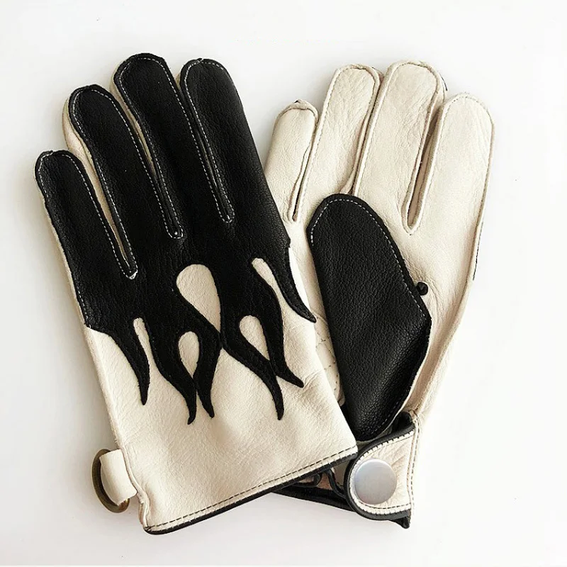 

LUXURY New Locomotive Retro Sports Leather Gloves Men Winter 100% Deer Skin Touch Screen Fleece Lined Warm White Mittens Gift