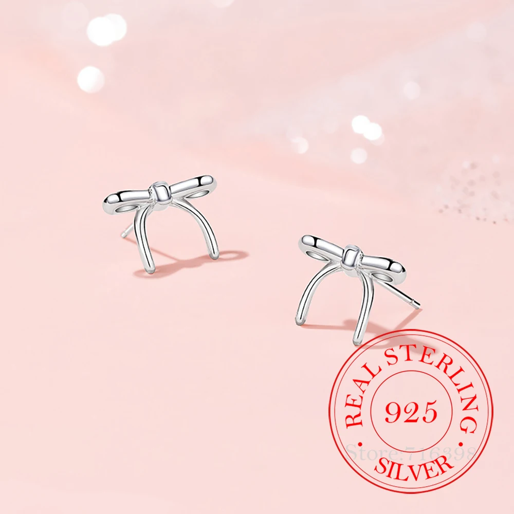 

925 Sterling Silver Jewelry Simple Geometric Bowknot Clip Stud Earrings for Women Wedding Party Jewelry For Girl Friend Gift