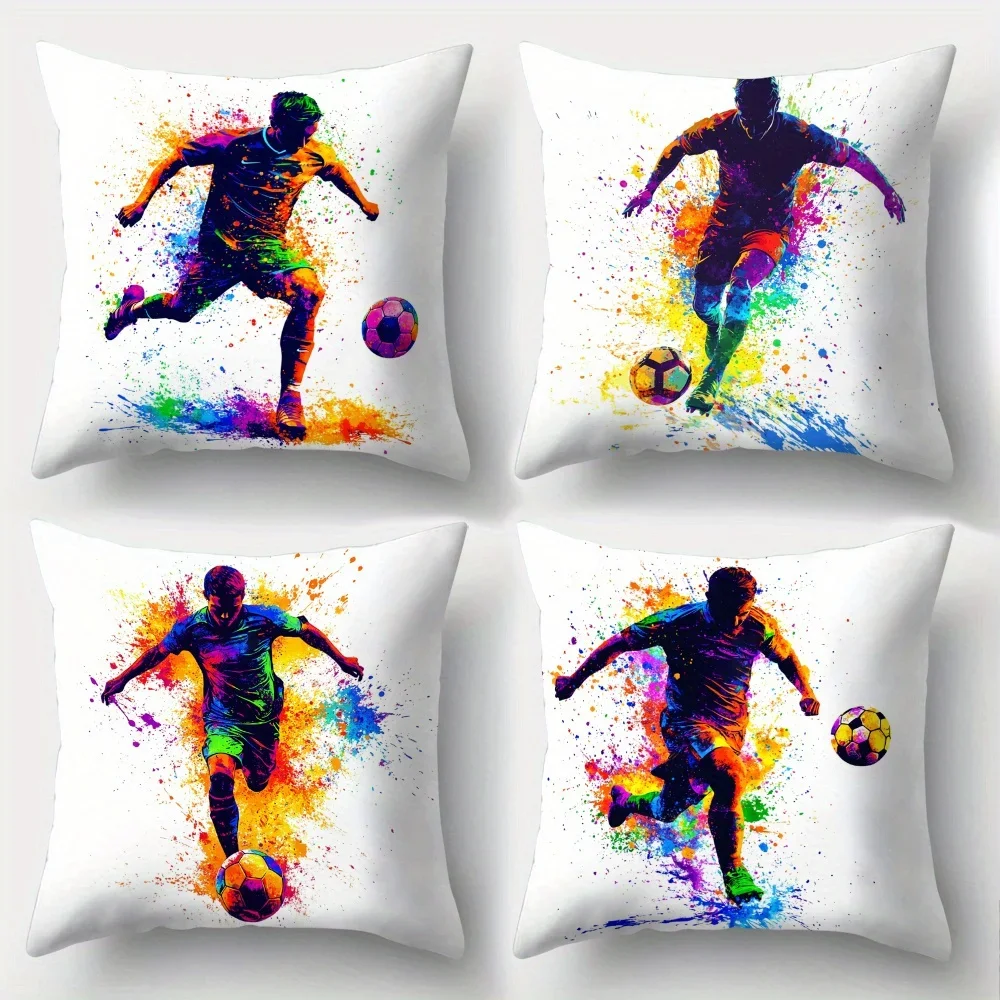 Set of Four Soccer Player Action Art Throw Pillows - Vibrant Sports Theme for Man Cave or Game Room Decor