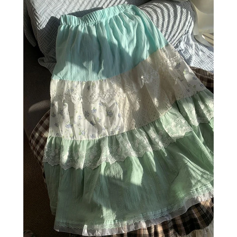 กระโปรงลายดอกไม้หวานๆ สไตล์ Preppy น่ารัก กระโปรงลูกไม้ซ้อนชั้น กระโปรงทรงเอ เอวสูง สไตล์ลำลอง เหมาะสำหรับวันหยุดพักผ่อนที่ชายหาด สไตล์ Y2K