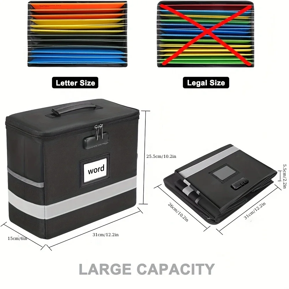 Large Capacity File Organizer Fireproof Waterproof Important Information Organizer with Combination Lock Reflective Strips