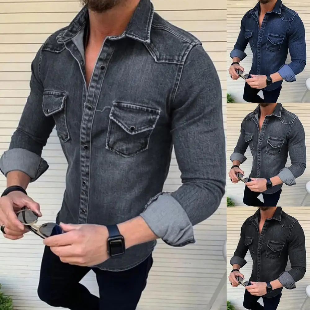 

Spring Autumn Mens Jeans Shirt Short Sleeve Denim Shirts for Men Soft Cotton Two Pockets Slim Elastic Denim Shirts chemise homme