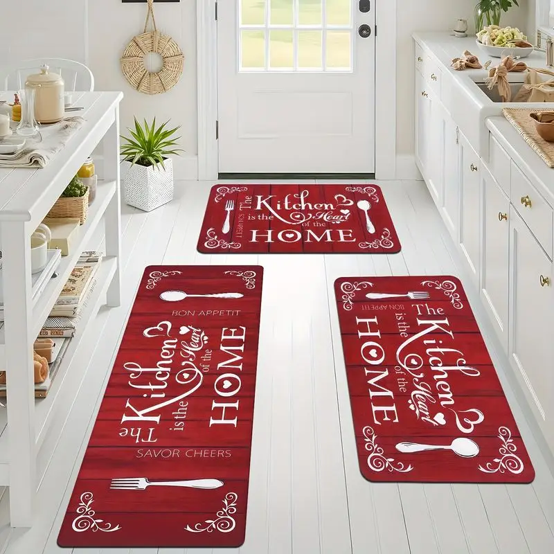 VIKAMA Redwood-Patterned Kitchen Mat, “The Heart of the Home” Slogan Tableware Decorative Non-Slip Rug, Home Decor