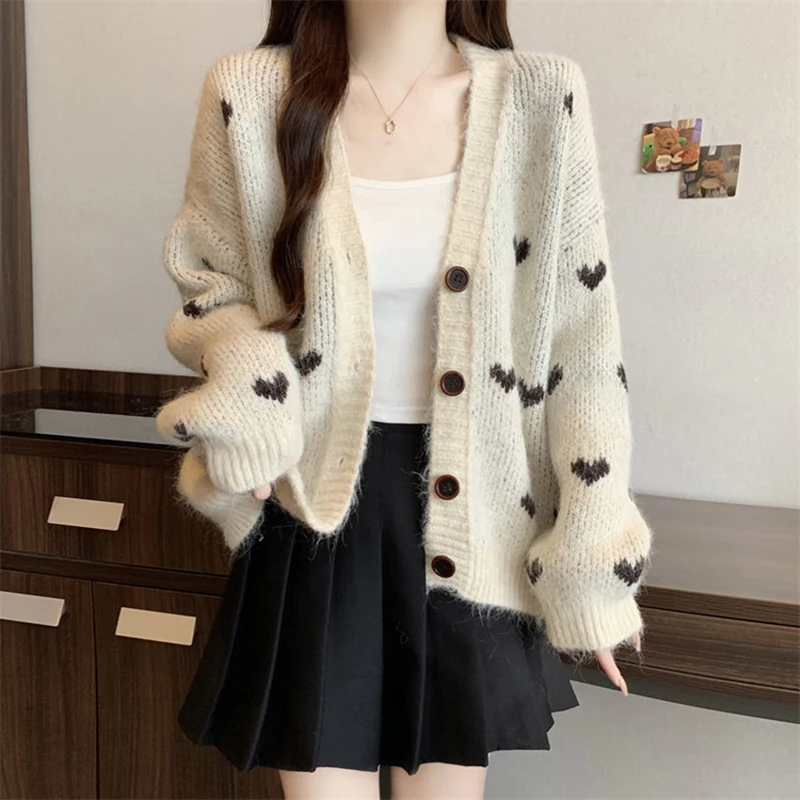 Nowy kardigan damski z dzianiny żakardowej w stylu słodkiego serca, luźny sweter z dekoltem w serek, długim rękawem, miękki, wiosenny, stylowy, casualowy płaszcz, topy