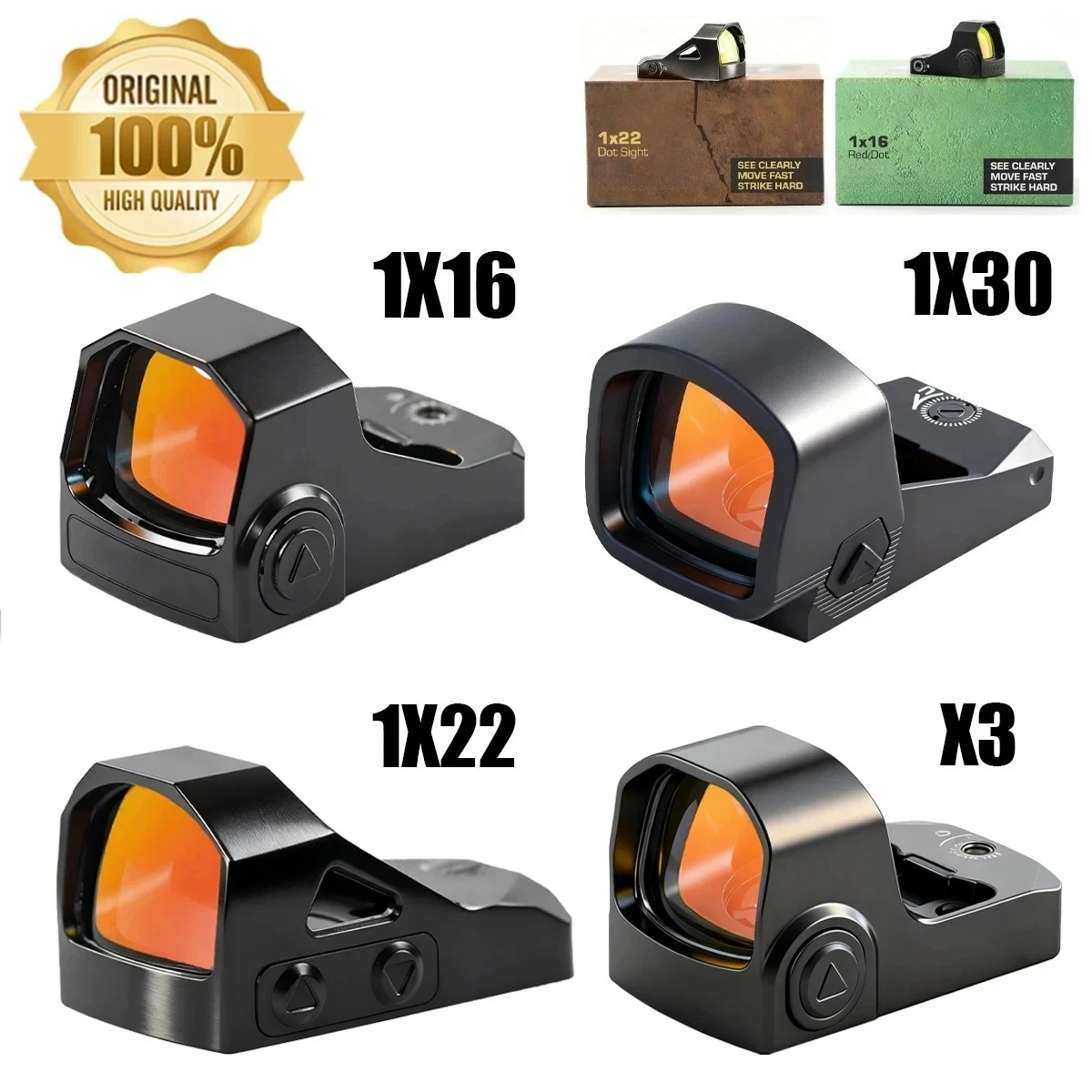 Original 1x16 1x22 1x27 1x30 Compact Reflex 3 MOA Red Dot Sights RM/RMSC Footprint Shake Wake Motion Sensing Manual Brightness