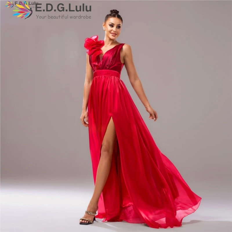 EDGLuLu Vestidos De Mujer Elegant V คอ 3d ดอกไม้ Splicing ชุดสีแดงผู้หญิงแขนกุด Backless สูงเปิดชุดราตรียาว 0422