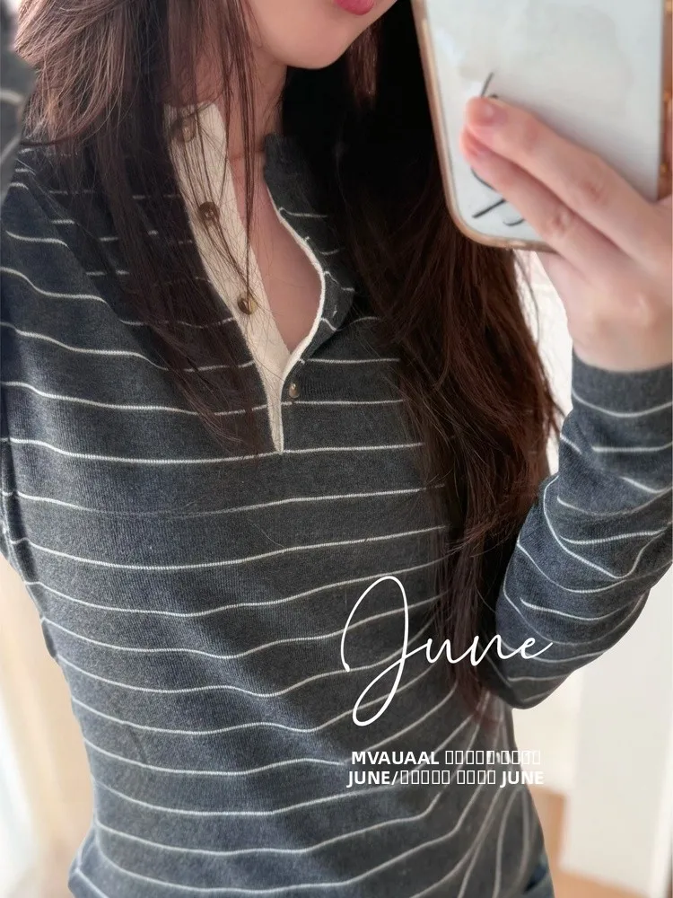 

Soft Woolen Knitwear Women's Button-Up Base Layer Sweater Slim Fit f Open Casual Sle Stripe Pattern round Ne Long Sve