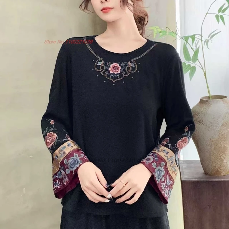 تي شيرت صيني تقليدي لعام 2025 قميص شعبي مبطن بالزهور الوطنية قميص هانفو عتيق قميص عرقي قاعدة