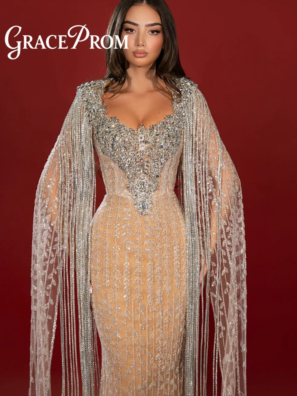 

GraceProm Luxe Champagne-Hued Evening Dress 2026 Fringe-Cape Carpet Gown Glittering A-Line Floor-Length Party Gown فساتين