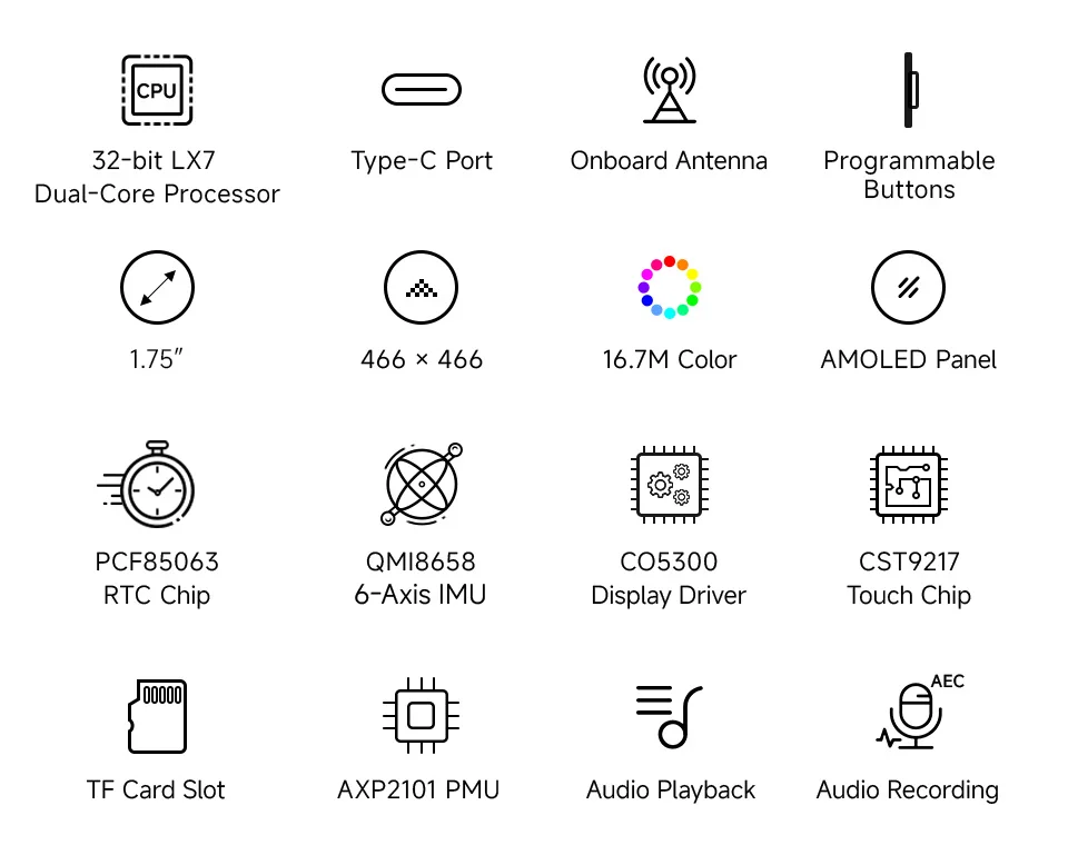 ESP32-S3 1.75inch AMOLED Round Touch Display Development Board, 32-bit LX7 Dual-core Processor, 466×466 Pixels, QSPI Interface