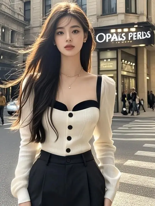 Pure Desire Style Long Sleeve Knitted Shirt Women's Slim Fit Base Layer Square Collar Color Block Knitwear Autumn Fashion