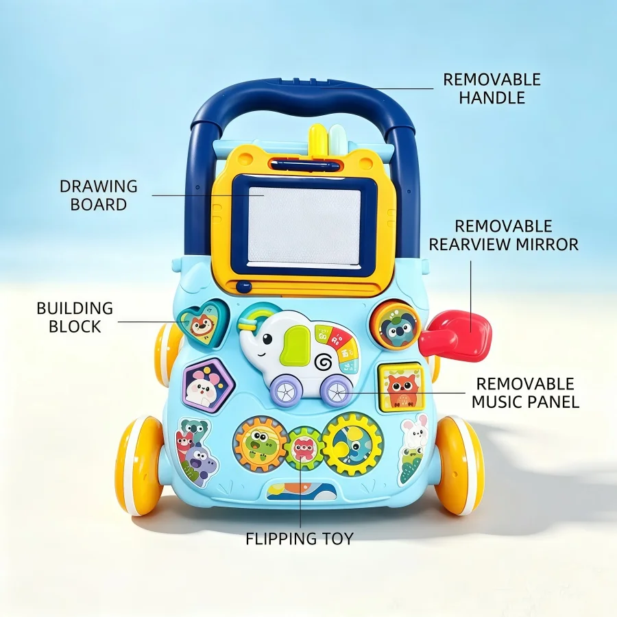 Multifunctional baby push‑along walker with drawing board, elephant music toy, rotating gears & shape blocks, great infant gift.