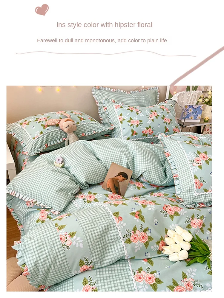 Four-Piece Polyester Flower Printing and Dyeing Lace Ruffled Simple Household Washed Cotton Fitted Sheet 1.8M Quilt CoverBedding