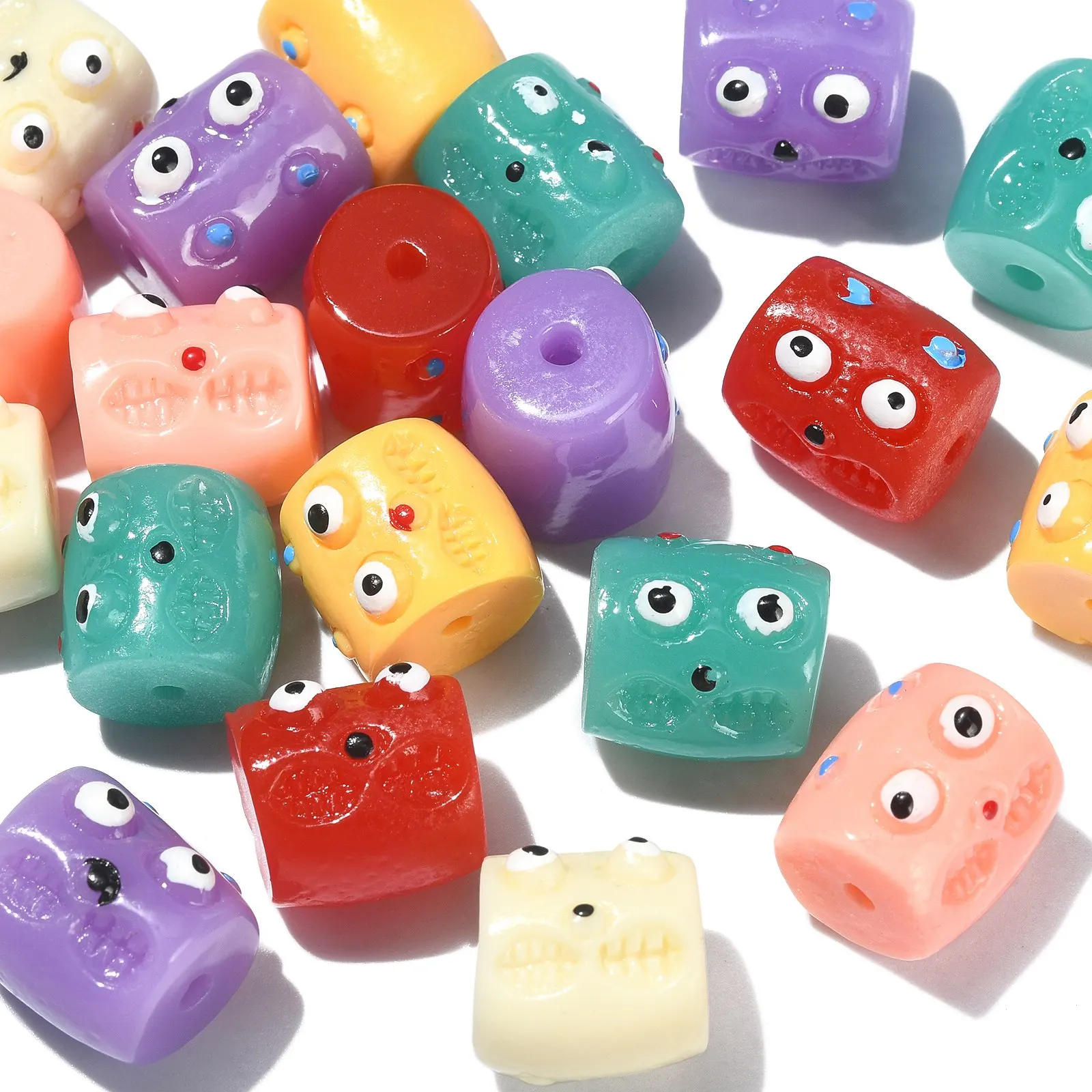 20Pcs Random Cute Monster Face Beads Colorful Resin Column Spacer Loose Beads for DIY Bracelet Necklace DIY Craft Making