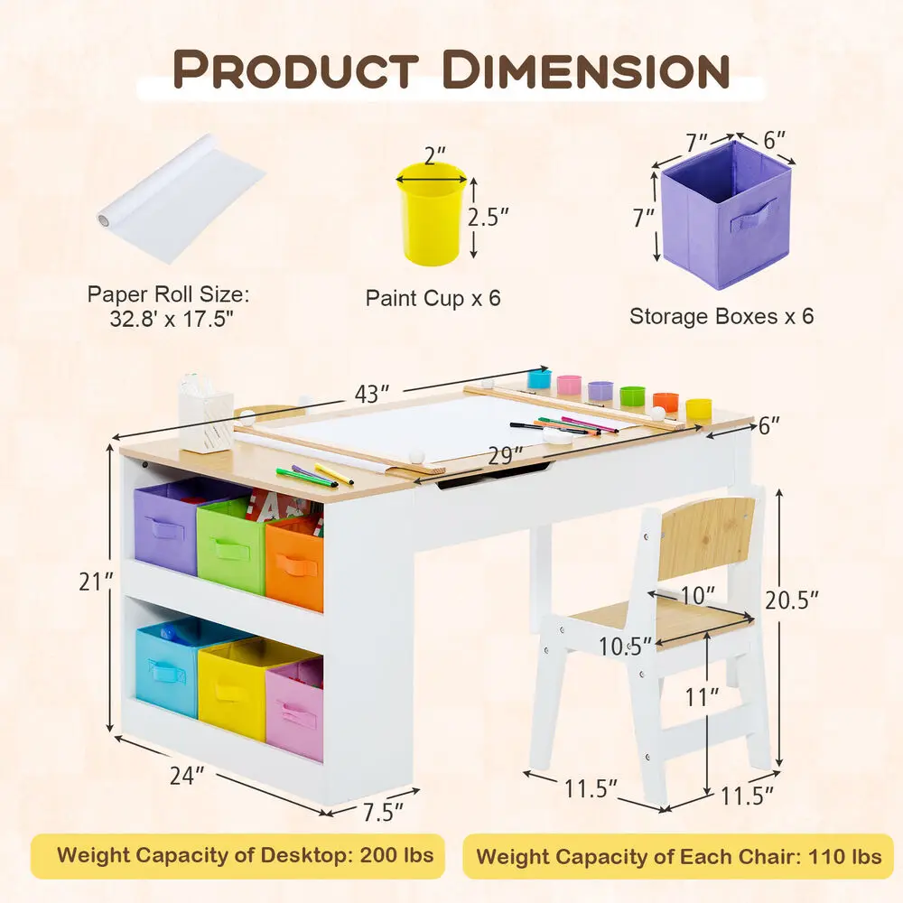 2-in-1 Kids Wooden Art Table and Art Easel Set w/ Chairs Paper Roll Storage Bins